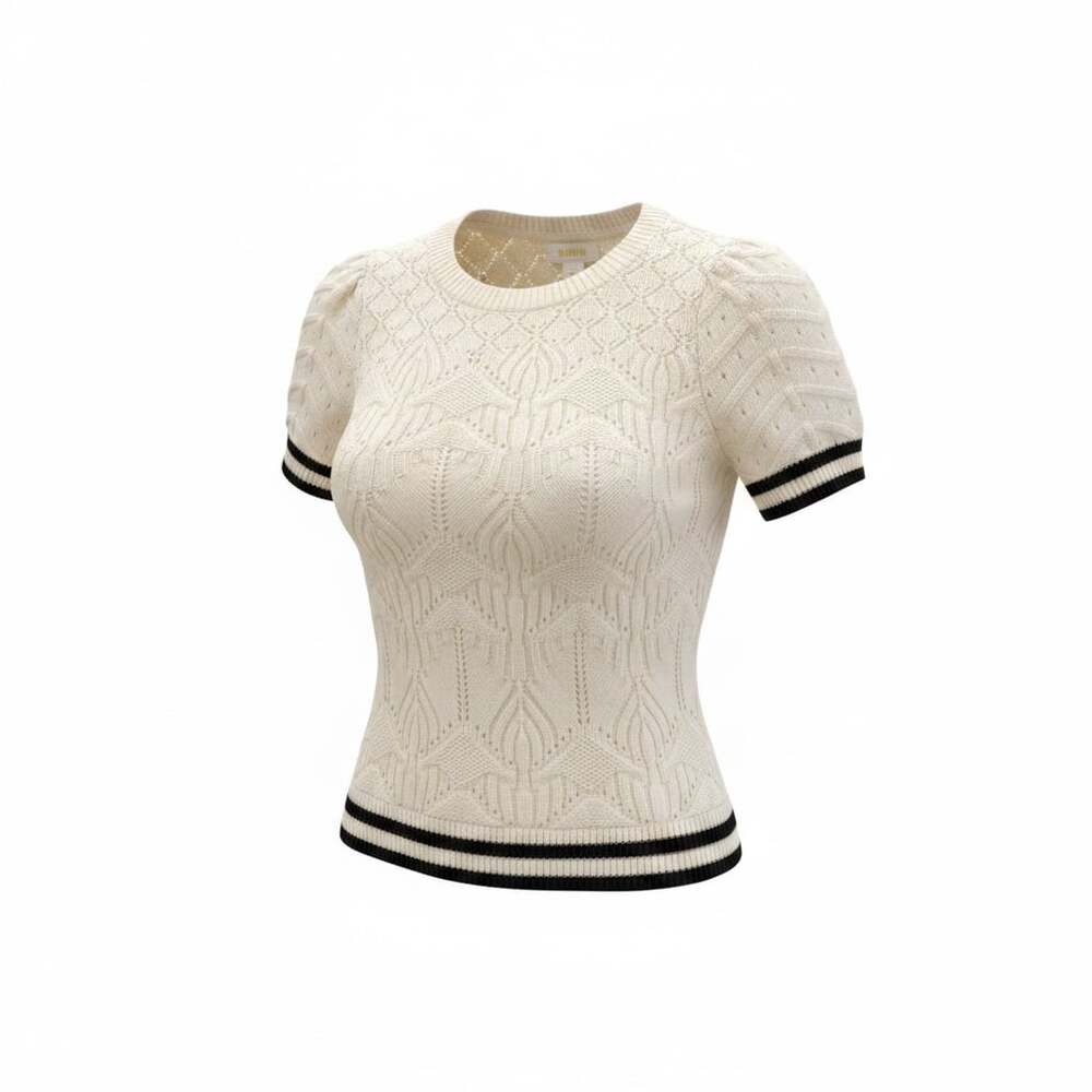 Maeve by Anthropologie Cream Pointelle Knit Short Sleeve Sweater Size Small